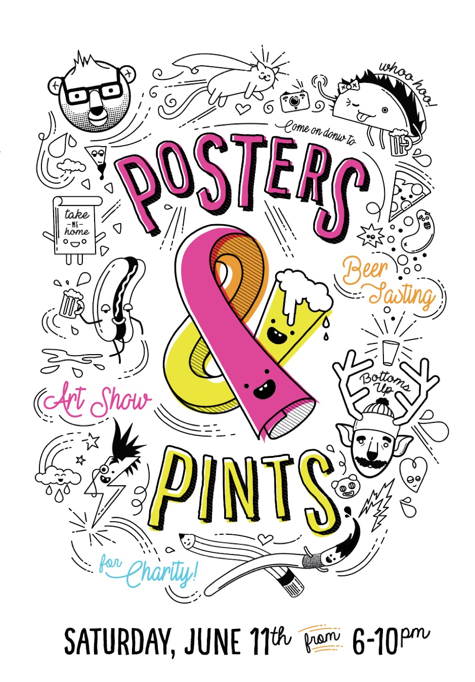 Posters & Pints 2016 poster art by Maranatha Wilson — a hand-drawn doodle collage